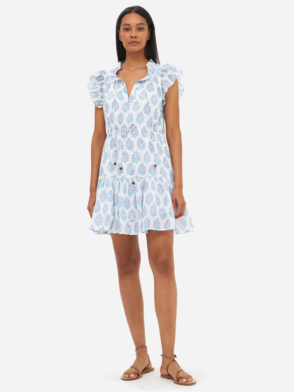 Oliphant Cinched Flirty Short Dress in Lilac Light Blue and White Flutter Sleeve
